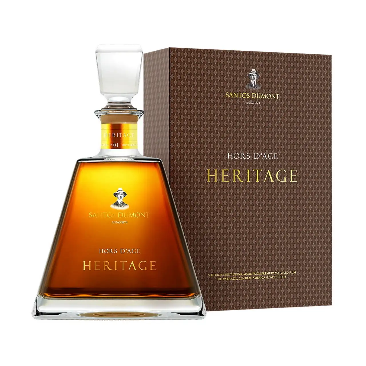 Image of the front of the bottle of the rum Santos Dumont Heritage Hors d'Age