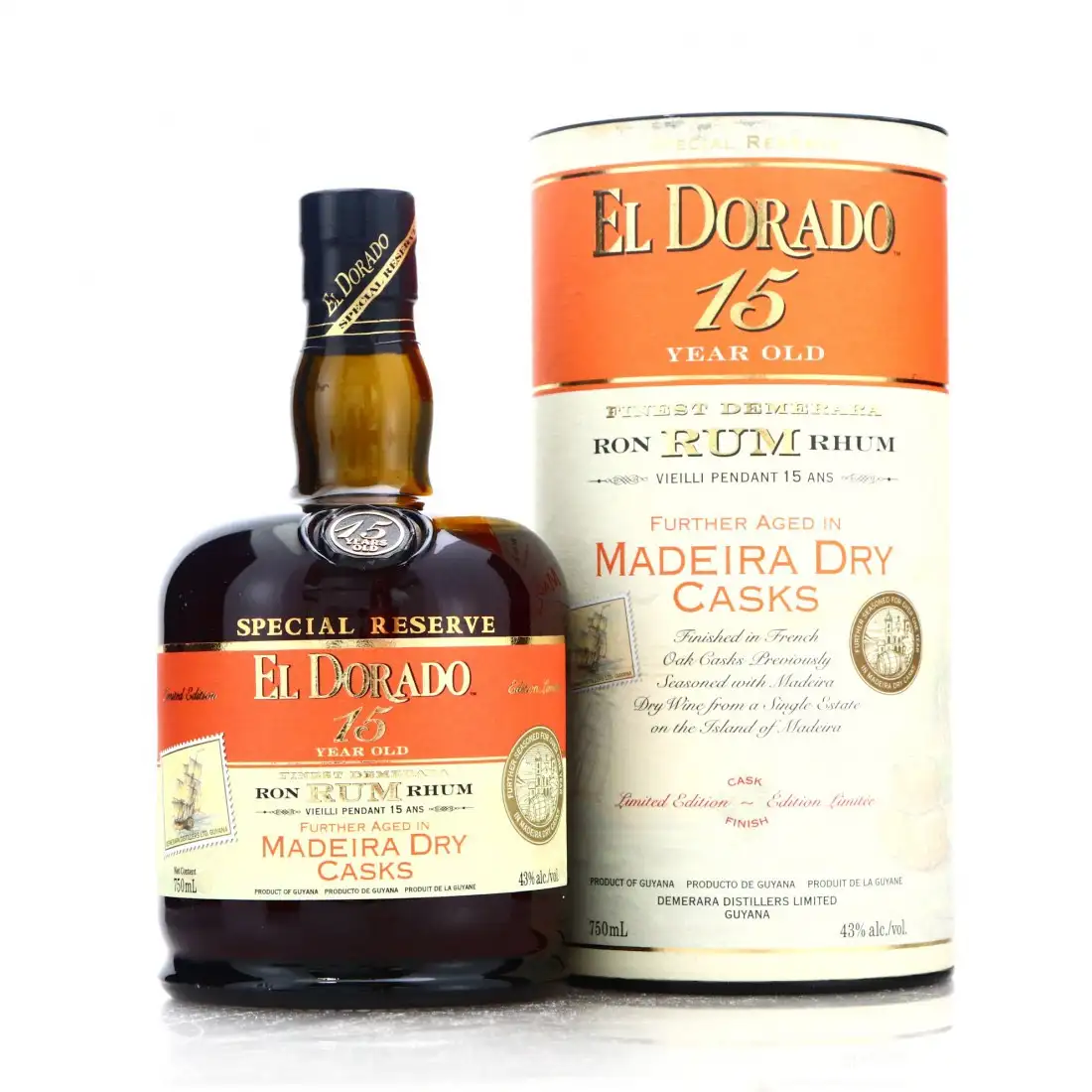 Image of the front of the bottle of the rum El Dorado Madeira Dry Casks Finish